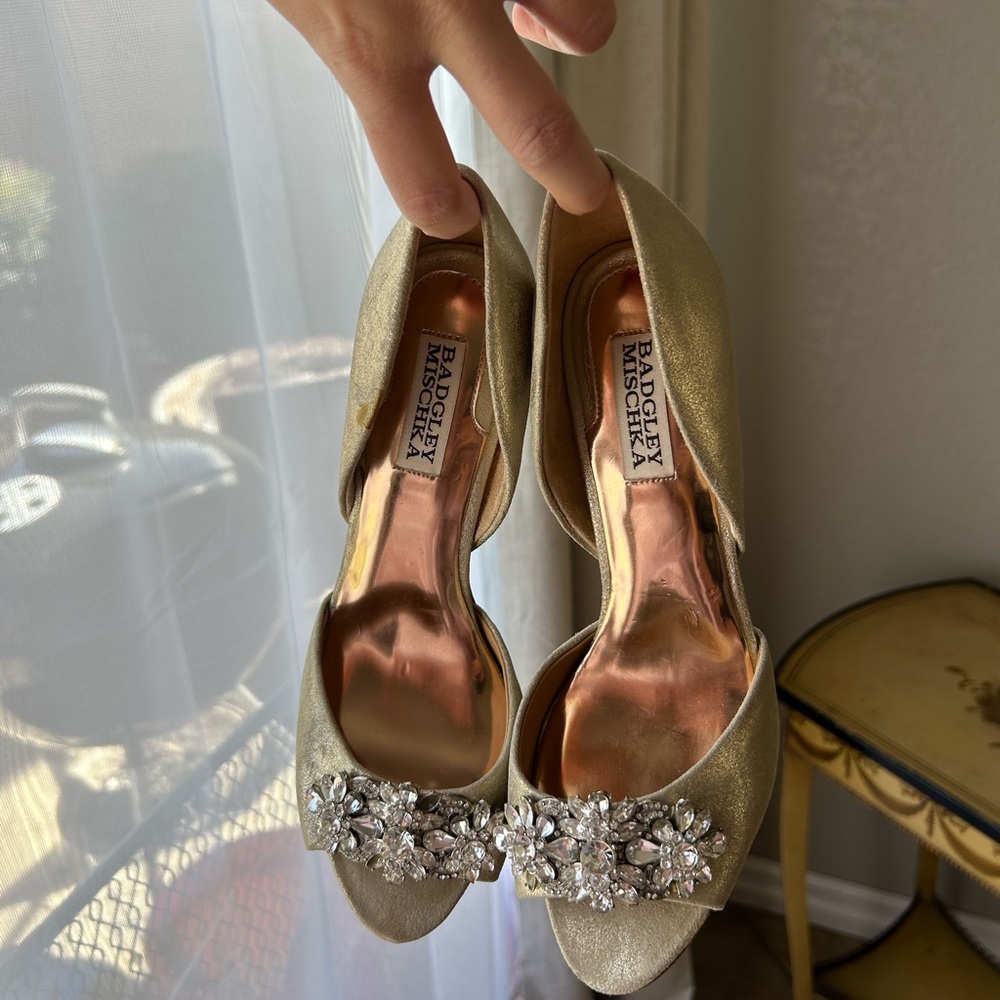 Badgley Mischka Gold Open-Toe Heels with Crystal Applique